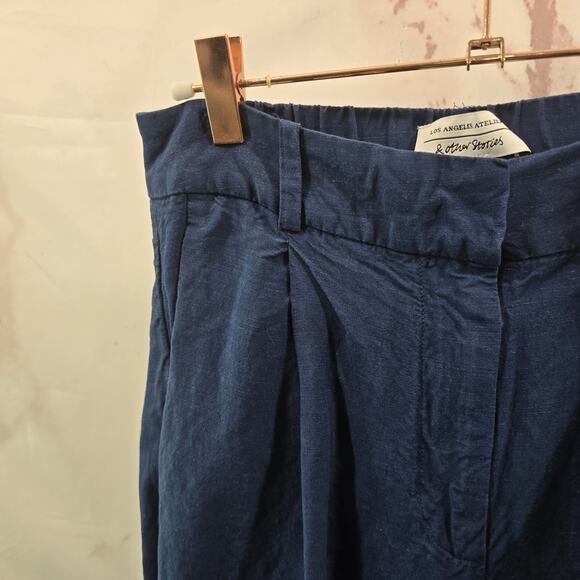 & Other Stories Pants Womens 4 Blue Linen High Rise Straight Leg Pleated - Picture 2 of 13